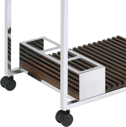 Lisses Chrome Finish Modern Bar Cart with Wood Shelves, Metal Frame, Wine Rack Storage, 30x16x31 Inch, Rolling Wheels, Walnut