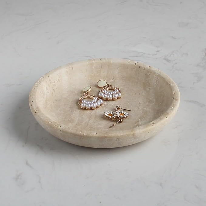Nawgnail Natural Travertine Marble Jewelry Dish 5.5", Trinket Dish for Ring Earring, Gift for Woman Daugther(Beige Travertine)