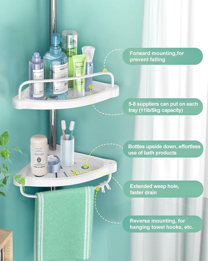 ADOVEL 4 Layer Corner Shower Caddy, Adjustable Shower Shelf, Constant Tension Stainless Steel Pole Organizer, Rustproof 3.3 to 9.8ft