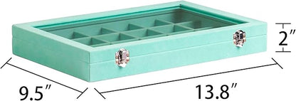 Frebeauty Velvet Jewelry Tray,24 Grid Jewelry Organizer with Clear Lid,Earring Holder Organizer with Clasp,Drawer Insert Rings Pendants Brooches,13.8 x 9.5 x 2 Inches,Gift for Women Girls(Turquoise)