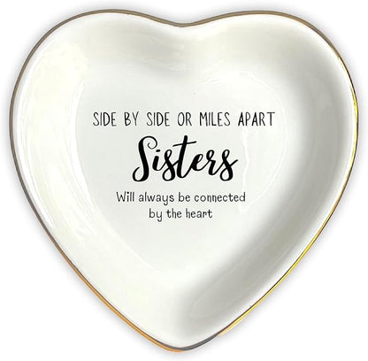 HatafaFurni Ring Dish Gift for Sister From Sister - Side By Side Or Miles Apart Sisters Will Always Be Connected By The Heart - Wedding Gift, Christmas Gift for Sister - Jewelry Dish,Ceramic Ring Dish