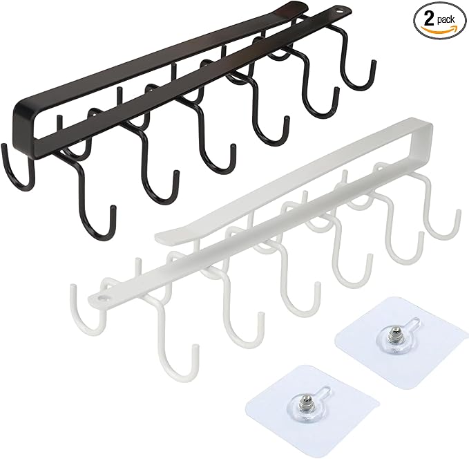 2 Pack Under Cabinet Hook Rack, 12-Hook Double Row Metal Hanging Organizer for Kitchen Utensils, Mugs, Closet Accessories, No Drill Shelf Hanger – Black & White