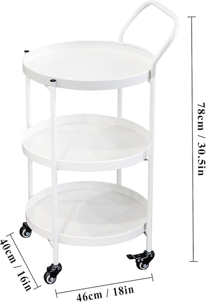 TRIROCKS 18 * 31" H Round Gold 3-Tier Rolling Bar Cart with Wheels Elegant Metal Frame Serving Cart for Kitchen, Dining Room, or Living Room Display and Storage (White)