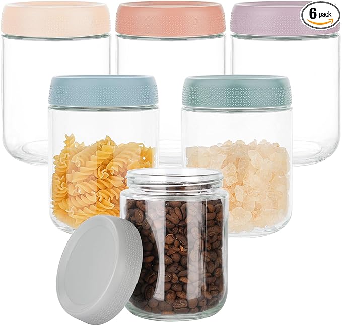 BCnmviku 16oz Glass jars with Airtight Lids, Overnight Oats Containers with Lids, Wide mouth Mason Salad jars, Glass Food Storage Containers for Snacks Yogurt Spice Sugar (6pack-Multicolor-16oz)