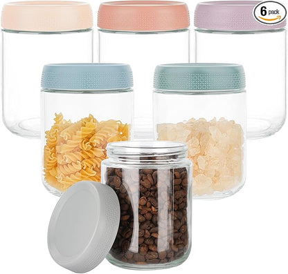 BCnmviku 16oz Glass jars with Airtight Lids, Overnight Oats Containers with Lids, Wide mouth Mason Salad jars, Glass Food Storage Containers for Snacks Yogurt Spice Sugar (6pack-Multicolor-16oz)