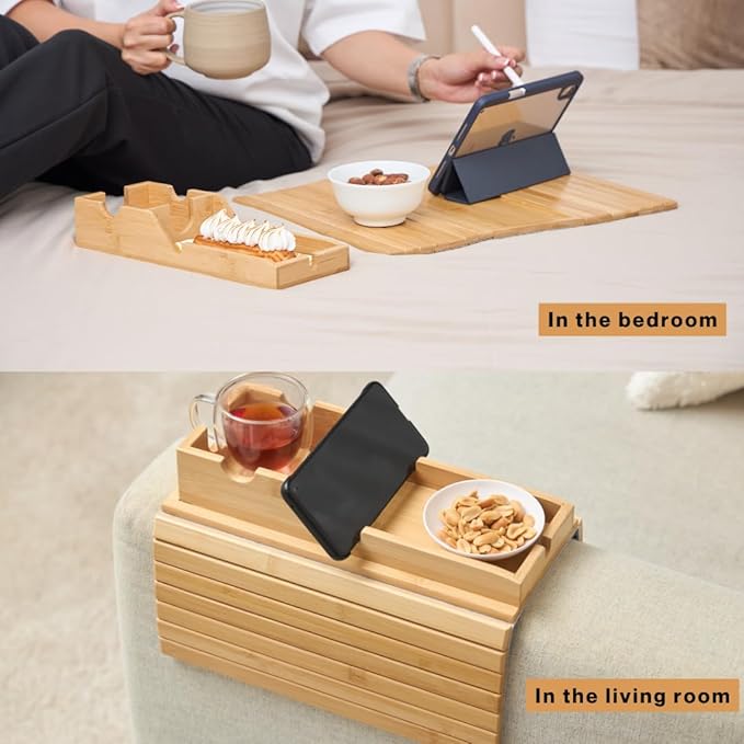 Couch Cup Holder Tray - Portable Sofa Arm Tray Table - Anti-Spill Armchair Caddy Couch Arm Table Snack Organizer with Removable Tray - Remote Control Holder Perfect for Cups, Snacks, Phone