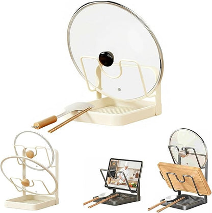 Kitchen Pot Lid Storage Rack, 304 Stainless Steel Pot Lid Holder While Cooking Spoon Holder & Removable Drip Tray, Pan Lid Organizer for Kitchen Countertop (Beige - Single Layer)