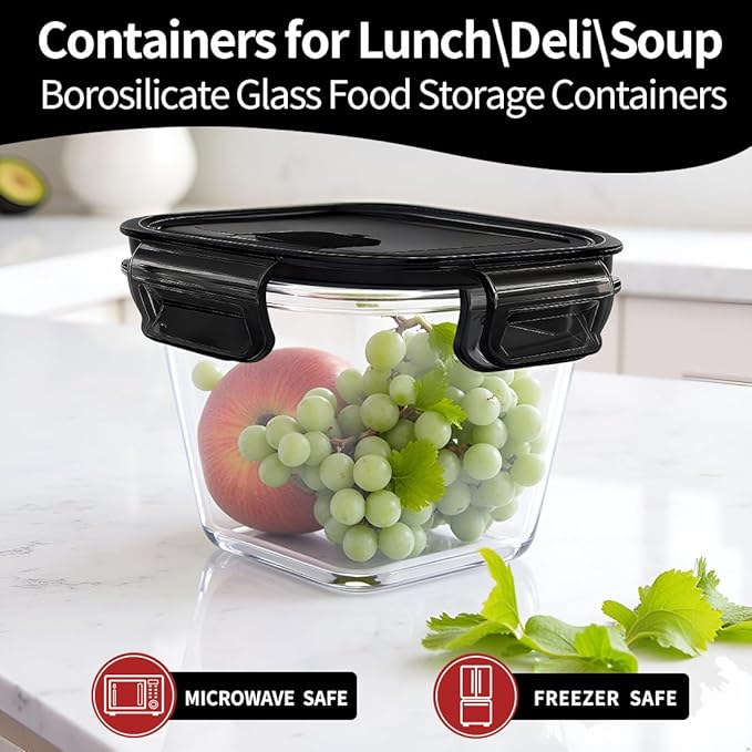 H.JSS WDJS 4 Cup Square Borosilicate Glass Food Storage Containers, 32oz Tall Glass Soup Containers with Lids, Large Square Meal Prep Bowl for Food, Salad, Lunch, Deli, Microwave, Freezer Saf (4Pack)