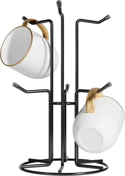 HULISEN Mug Tree for Large Cups, Counter Coffee Mug Holder with 6 Hooks, Metal Coffee Cup Holder Tree, Standing Rack for Countertop, Kitchen Counter Decor, Black