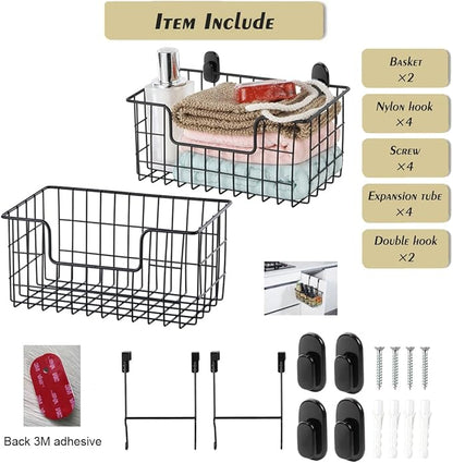 Wire Storage Basket 2 Packs, Wall Mounted Kitchen Bathroom, Hanging Cabinet Door Storage Basket, no Drilling, Supporting 2 Types of Hooks, Strong Bearing, Suitable for Home, Black
