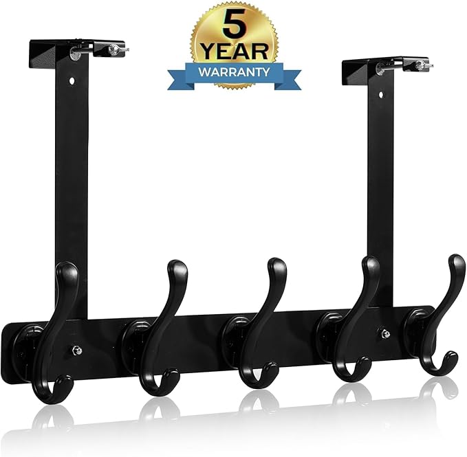 persevere Over The Door Hooks with Auto-Locking Design, Rustproof Multi-Functional Coat Rack, Bathroom Towel Holder, Space-Saving Door Hanging Organizer with 5 Hooks for Clothes and Towels (Black)