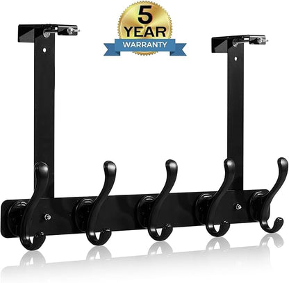 persevere Over The Door Hooks with Auto-Locking Design, Rustproof Multi-Functional Coat Rack, Bathroom Towel Holder, Space-Saving Door Hanging Organizer with 5 Hooks for Clothes and Towels (Black)