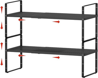 jkxoo 2Pack Expandable Cabinet Shelf Organizers, Stackable Metal Shelves Extender for Kitchen Countertop Storage, Adjustable Spices Shelves Rack Stand for Cupboard Pantry, Black