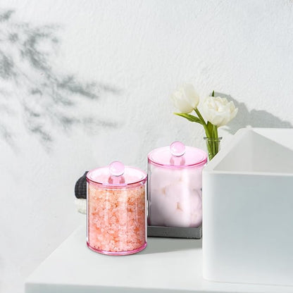 XIPENGKEJI 6 Pack Qtip Holder,Canister Apothecary Jar Set, Bathroom Jars with Lids Set for Cotton Swabs, Balls, Pads, Floss Picks,10oz-12oz Plastic Canisters Restroom Bedroom Vanity Organizer(Pink)