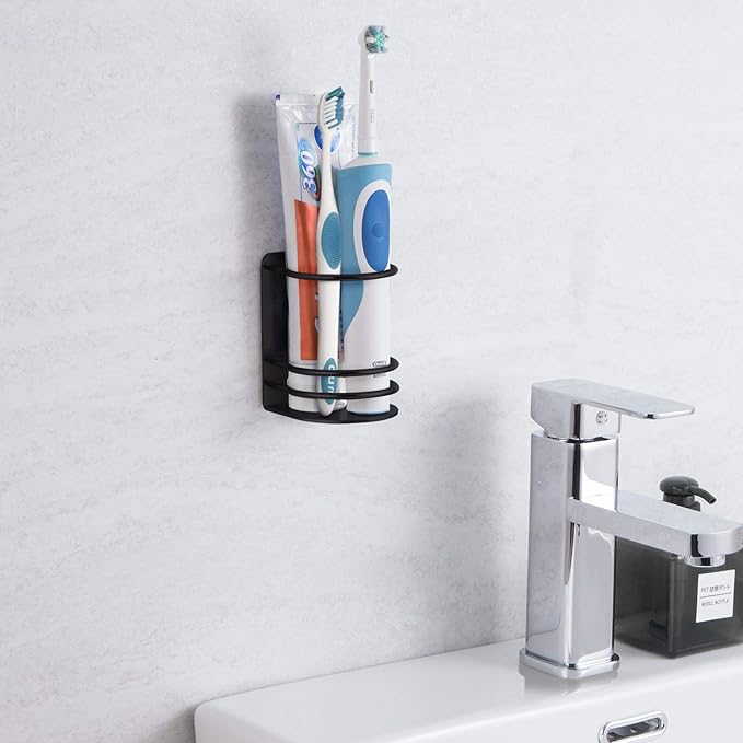 Tiilan Toothbrush Holder Wall Mounted, Bathroom Storage Stand for Razor, Toothpaste - Self Adhesive, Stainless Steel, Black