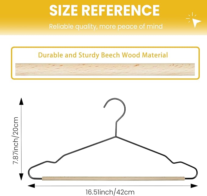 Jiang&Rong 20 Pack Black Wire Hangers, Suit Hangers with Smooth Beech Wood Pants Bar, Heavy Duty Metal Hanger for Closet, Dress, Pants, Sweater, Jacket