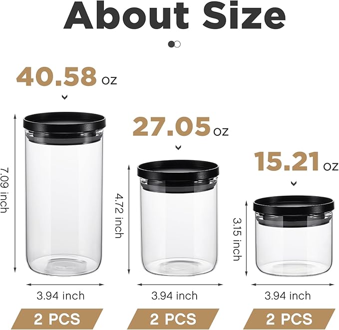 Rtteri 6 Pcs Glass Jars with Black Lids 15oz 27oz 41oz Canisters with Black Airtight Lids Stackable Glass Food Storage Containers Pantry Storage Jars PP Material Airtight