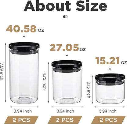 Rtteri 6 Pcs Glass Jars with Black Lids 15oz 27oz 41oz Canisters with Black Airtight Lids Stackable Glass Food Storage Containers Pantry Storage Jars PP Material Airtight