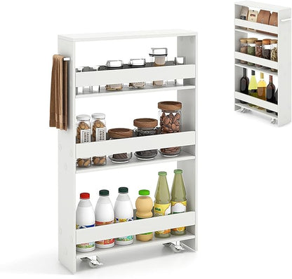 Slim Storage Cart, 4 Tier Narrow Storage Cabinet Between Washer and Dryer, 4 Universal Wheels w/Convenient Handle, Modern Skinny Bathroom Cart for Kitchen, Bathroom, Laundry Room (White)