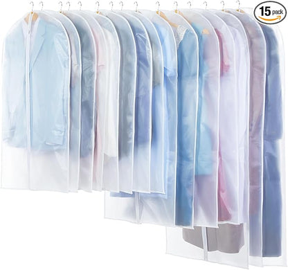 Translucent Garment Bag - 15 Packs Garment Bags for Hanging Clothes Dress Bag Suit Bags for Closet Storage Travel - 24" x 40"/47"/55"