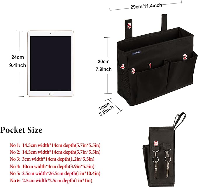 Surblue Caddy Hanging Organizer Bedside Storage Bag for Bunk and Hospital Beds, Black, Small