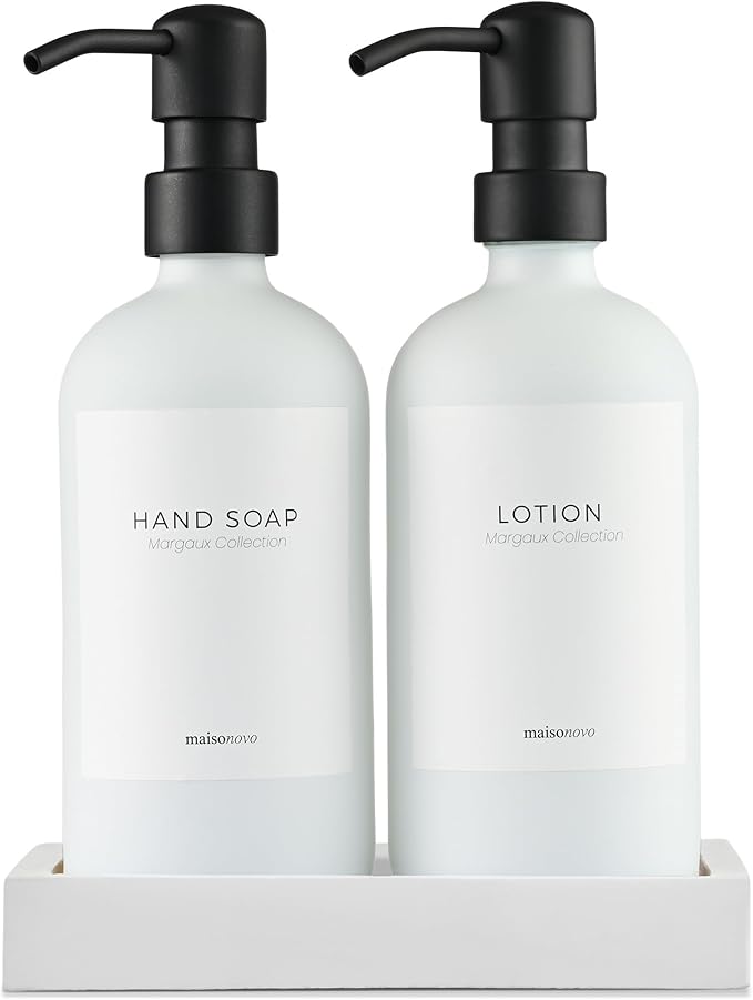 MaisoNovo Soap Dispenser 3-Piece Set | 16.9oz White Bottles with Black Stainless Steel Pump Core