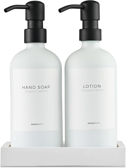 MaisoNovo Soap Dispenser 3-Piece Set | 16.9oz White Bottles with Black Stainless Steel Pump Core