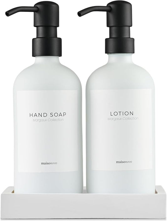 MaisoNovo Soap Dispenser 3-Piece Set | 16.9oz White Bottles with Black Stainless Steel Pump Core
