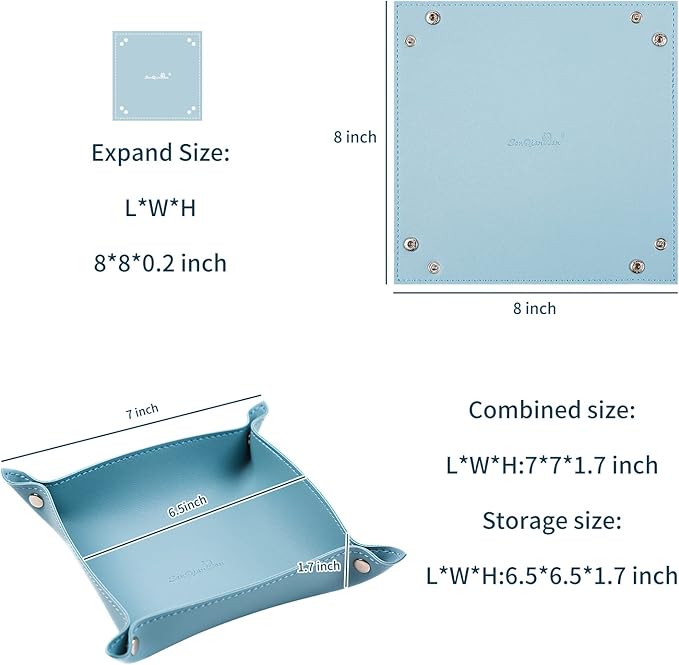 SANQIANWAN Leather Jewelry Valet Tray for Women and Man, Portable Entryway Table Tray Bedside Nightstand Desk Tray Small Catchall Travel Dish Plate for Key,Wallet,Watch,Coin (Light Blue-B)