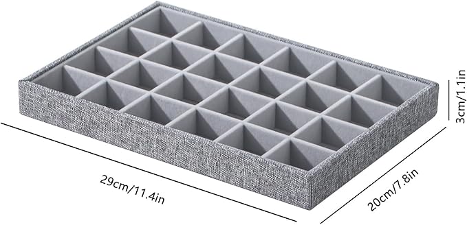 Stackable Jewelry Organizer Tray For Drawers,White Leather Small Earring Storage Tray,Bracelet And Necklace Display Box,Jewelry Ring Display Case (Gray White 24 Grids)
