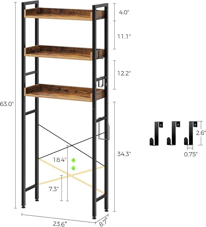 Rolanstar Over The Toilet Storage Rack, 3-Tier Bathroom Organizer Shelf Over Toilet with Adjustable Shelves and Basket Bathroom, Freestanding Space Saver, Rustic Brown