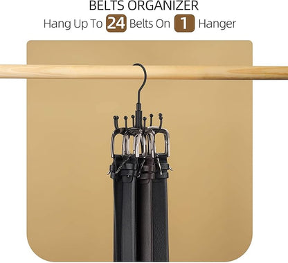 ZEDODIER Belt Hanger, 4 Pack Rotatable Belt Rack Closet Accessories Organizer, Maximum 24 Storage Capacity, Hanging Holder Storage Hook for Belt, Bra, Tank Top, Tie, Scarf, Purse, Black