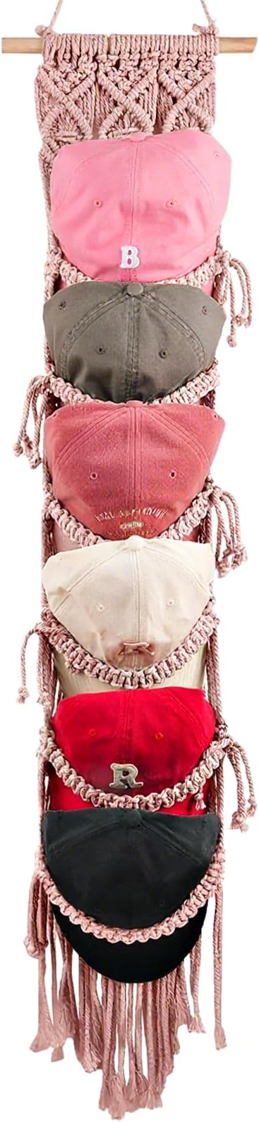 KaloKalo Macrame Cap Holder Boho Hat Hangers Over Door Decorative Bohemian Handmade Ball Cap Rack Organizer Woven Wall Hanging for Baseball Cap Display Decorations (Rose Pink, Up to 12 Caps)
