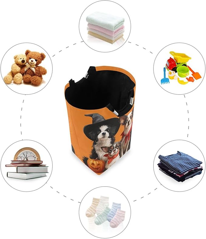 Laundry Hamper Basket Halloween Dogs Orange Storage Basket Collapsible Clothes Hamper with Handle Decorative Organizer Bins Basket for Blanket Toys Bathroom Dorm College