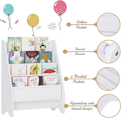 UTEX Kids Bookshelf Storage, Book Shelf for Kids Rooms, 4 Tier Sling Bookshelf for Kids, Toddler, Magazine Book Rack, Children Book Organizer, White