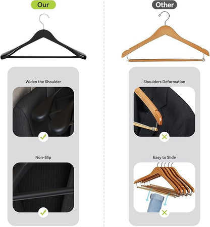 ABHENG Solid Wood Suit Hangers, 6 Pack, Coat Hangers with Non Slip Trouser Bar, 360° Swivel Hook, Heavy Duty Wide for Suit, Coat, Jacket, Trousers, Pants,17.3" W x 9" H, Black AWY0406B