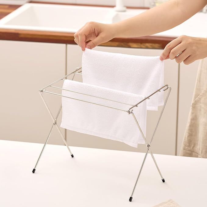 Stainless Steel Dishcloth & Towel Drying Rack for Kitchen Countertop, 6 Arms, Foldable Compact Design with Non-Slip Rubber Caps, Minimalist Storage, 11.02 in x 7.48 in x 10.63 in