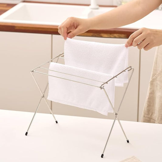Stainless Steel Dishcloth & Towel Drying Rack for Kitchen Countertop, 6 Arms, Foldable Compact Design with Non-Slip Rubber Caps, Minimalist Storage, 11.02 in x 7.48 in x 10.63 in