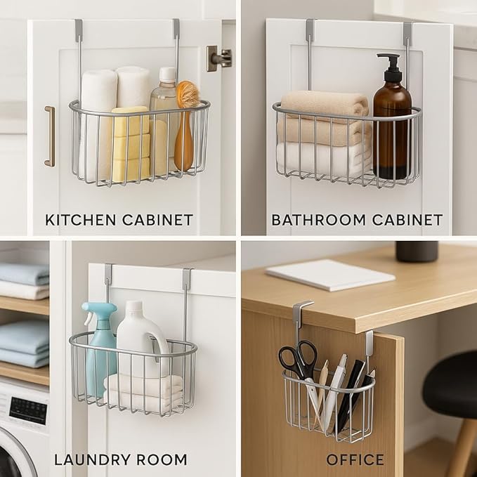 SKYREN Over Cabinet Door Organizer Basket, Satin Nickel Finish, Under Shelf Hanging Storage for Kitchen, Pantry, Bathroom, Laundry, 10.24 x 11.26 x 6.26 in
