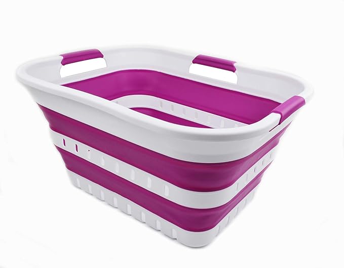SAMMART 30L (8 gallon) Collapsible 3 Handled Plastic Laundry Basket - Foldable Pop Up Storage Container/Organizer - Space Saving Hamper/Basket (White/Purple)