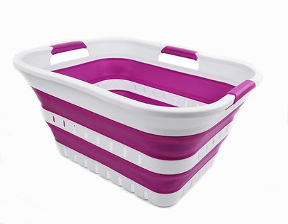 SAMMART 30L (8 gallon) Collapsible 3 Handled Plastic Laundry Basket - Foldable Pop Up Storage Container/Organizer - Space Saving Hamper/Basket (White/Purple)