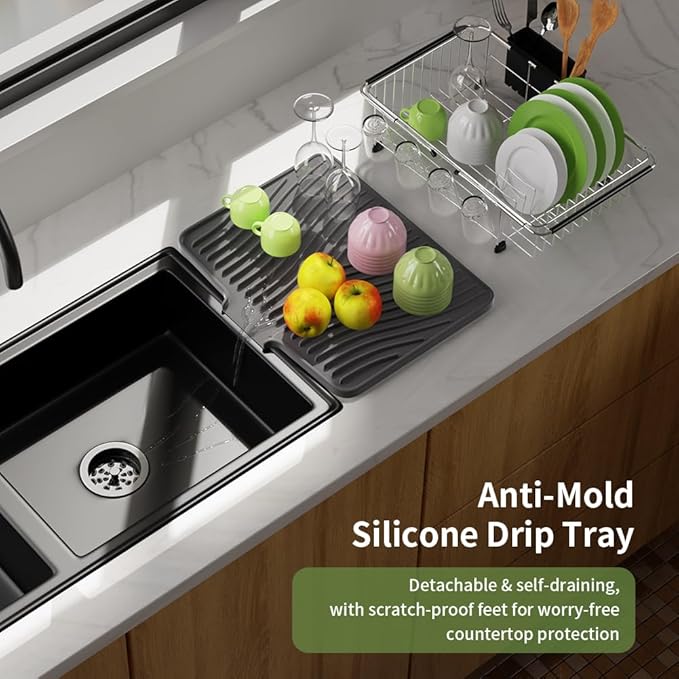 Dish Drying Rack in Sink With Non-Slip Silicone Mat Set, Expandable Carbon Steel Dish Drainers for Kitchen Counter, Bowl Dryer Rack Mat for Inside Sink, Over The Sink D ish Racks(COLOR:Grey+Silver)