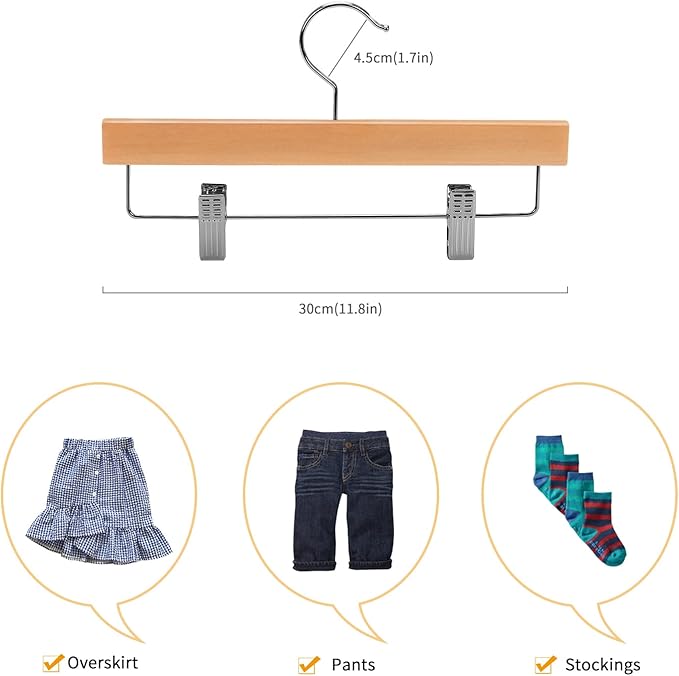 Nature Smile Kids Solid Wooden Pants Hangers,Baby Toddler Children Wood Skirts Hangers,Trousers Bottom 11.8 inches Hangers with 2-Adjustable Clips Anti-Rust Hook Pack of 20 (Natural)