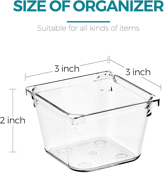 Ravinte Decor 6 Pack Drawer Organizer - 3" X 3" Clear Acrylic Storage Bins with Non-Slip Pads, Versatile Desk Tray for Makeup, Jewelry, Kitchen, Bathroom, and Office Organization