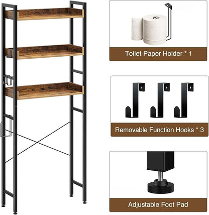 Rolanstar Over The Toilet Storage Rack, 3-Tier Bathroom Organizer Shelf Over Toilet with Adjustable Shelves and Basket Bathroom, Freestanding Space Saver, Rustic Brown