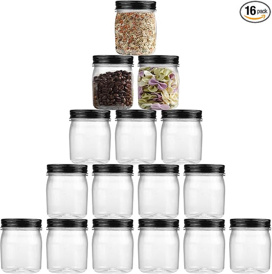 novelinks Plastic Jars With Lids 16Pcs 8 oz Plastic Mason Jars Food Storage for Milkshakes Juice Nuts Cupcakes (Black, 16 Pack 8 Ounce)
