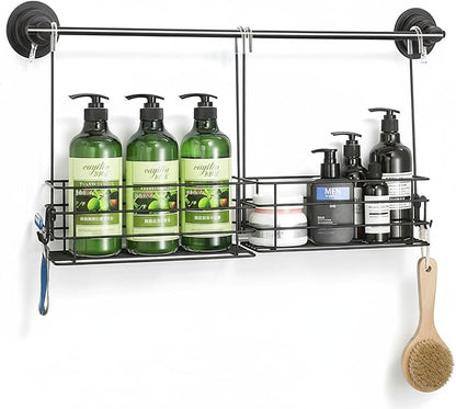 Seltomer 2pcs Single-Layer Shower Caddy Hanging Shower Orangizer Stainless Steel Shower Rack with Hooks Over The Door, Shampoo Basket Storage (Black)