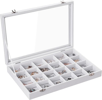 Frebeauty Velvet Jewelry Tray,24 Grid Jewelry Organizer with Clear Lid,Earring Holder Organizer with Clasp,Drawer Insert Rings Pendants Brooches,13.8 x 9.5 x 2 Inches,Gift for Women Girls(White)