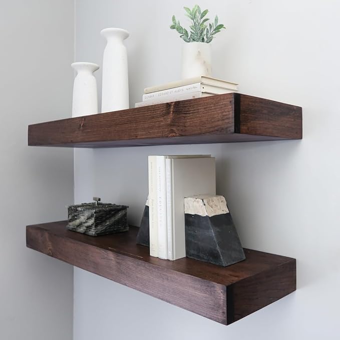 Urbandi Modern Floating Shelves 3 Inches Thick for Wall, Wide Shelves for Kitchen, Living Room, Bedroom, and Bathroom, Natural Pine Wood, Rustic Wooden Shelf, (Set of 2) (Provincial, 24Lx3Hx8D)