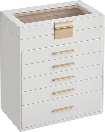 SONGMICS Jewelry Box Organizer with Glass Lid, 6-Layer Jewelry Storage, with 5 Drawers, Modern Style, 6.4 x 9.9 x 11.4 Inches, Cloud White and Gold Color UJBC171W01